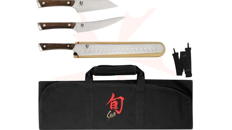 Shun SWTS0450 Kanso 4 Piece BBQ Set with DM8800 Knife Roll, Tagayasan Wood Handles