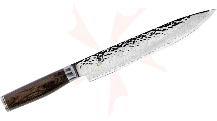 Shun TDM0704 Premier Slicing Knife 9.5 inch Hammered Blade, PakkaWood Handle