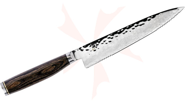 Shun TDM0722 Premier Serrated Utility Knife 6.5 inch Hammered Blade, PakkaWood Handle