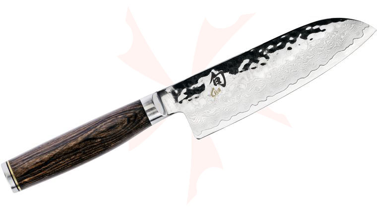 Shun TDM0727 Premier Santoku Knife 5.5 inch Hammered Blade, PakkaWood Handles