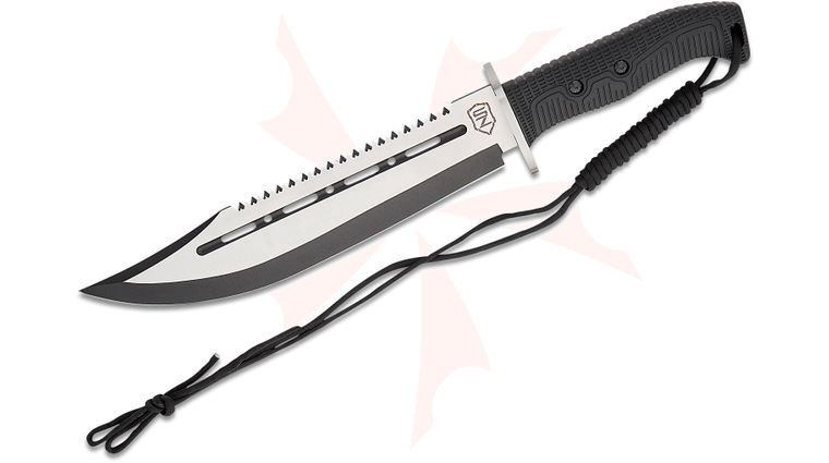 Sierra Zulu Ballista Hunting Knife Fixed Blade 10.5 inch Two-Tone Clip Point Blade with Sawback, Black Rubberized Handle, Black Nylon Sheath