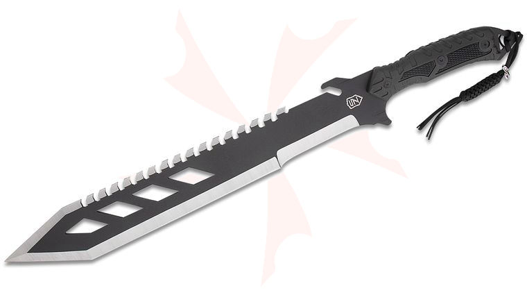 Sierra Zulu Trident Sawback Machete 17.75 inch Two-Tone Spear Point Machete Blade, Black Rubberized Handle, Black Ballistic Nylon Sheath with Metal Cap