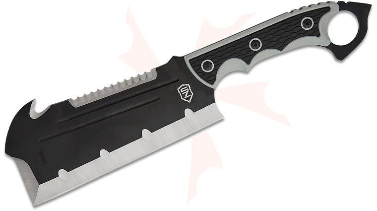 Sierra Zulu Bighorn Tactical Cleaver Fixed Blade 7.5 inch Two-Tone Cleaver Blade with Hook and Sawback, Black/Gray TPR Handle, Black Nylon Sheath 