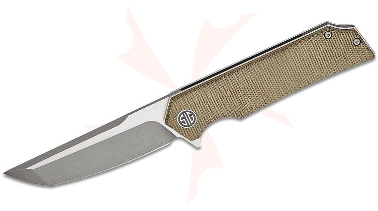 SIG Sauer by Eikonic Tsuru Flipper Knife 3.3 inch 154CM Two-Tone Tanto Blade, Green Canvas Micarta Handles