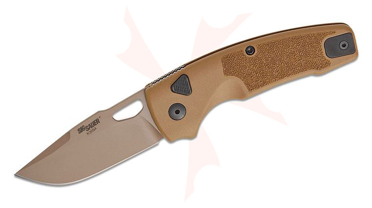 SIG Sauer by Hogue K365A Tactical AUTO Button Lock Folding Knife 2.75 inch MagnaCut M17 Coyote Tan Cerakote Clip Point Plain Blade, Coyote Tan Polymer Handles