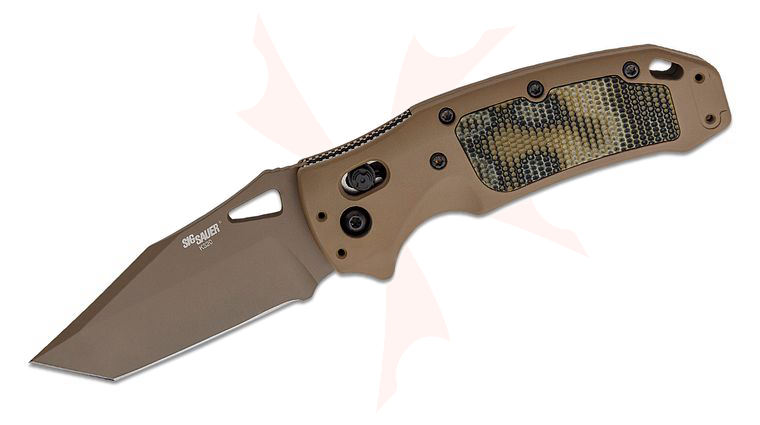 SIG Sauer by Hogue K320 AXG Scorpion ABLE Lock Folding Knife 3.5 inch S30V FDE Cerakote Tanto Plain Blade, FDE Aluminum Handles with G-Mascus Green G10 Inserts