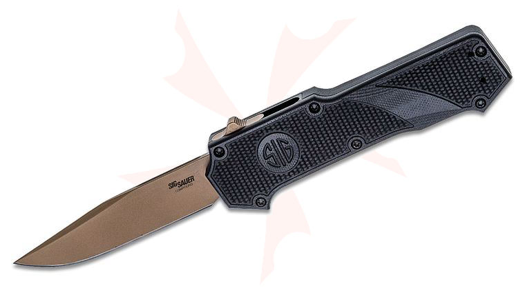 SIG Sauer by Hogue Compound Tactical OTF AUTO Folding Knife 3.5 inch CPM-S30V FDE PVD Coated Clip Point Blade, Black Aluminum Handle with G10 Scales