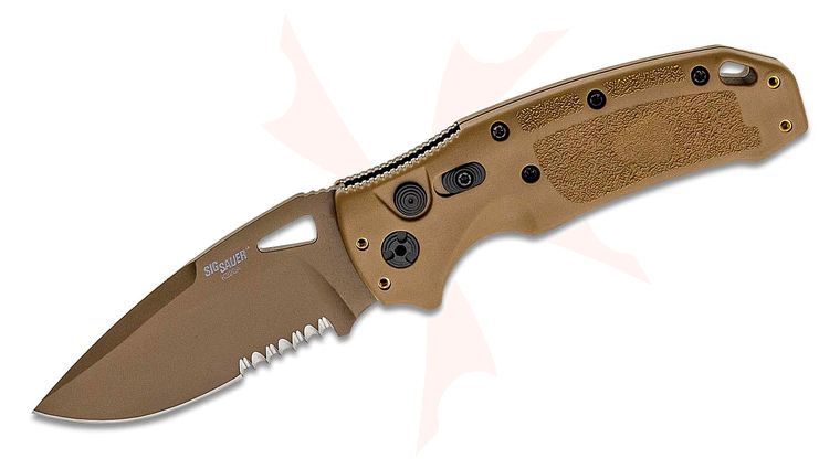 SIG Sauer by Hogue K320A M17/M18 AUTO Folding Knife 3.5 inch S30V Coyote Tan PVD Drop Point Combo Blade, Coyote Tan Polymer Handles