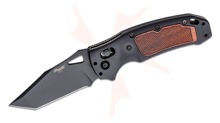 SIG Sauer by Hogue K320 AXG Pro ABLE Lock Folding Knife 3.5 inch S30V Black Cerakote Tanto Blade, Black Aluminum Handles with Heritage Walnut Wood Inserts