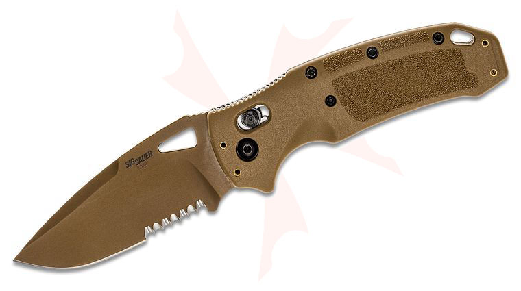 SIG Sauer by Hogue K320 M17/M18 ABLE Lock Folding Knife 3.5 inch S30V Coyote Tan PVD Drop Point Combo Blade, Coyote Tan Polymer Handles