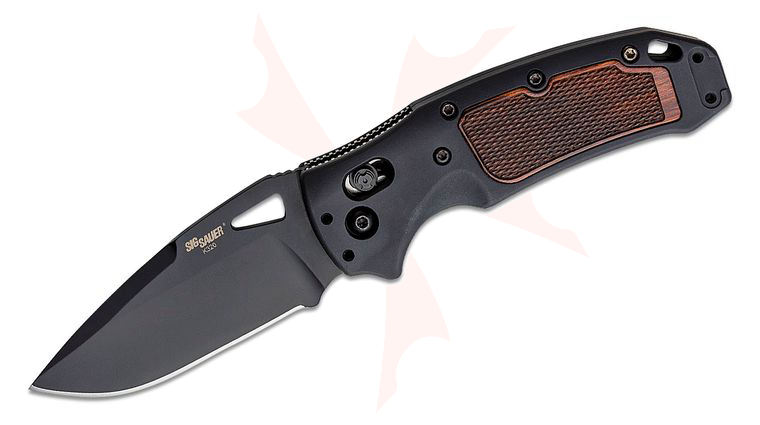 SIG Sauer by Hogue K320 AXG Classic ABLE Lock Folding Knife 3.5 inch S30V Black Cerakote Drop Point Blade, Black Aluminum Handles with Heritage Walnut Wood Inserts