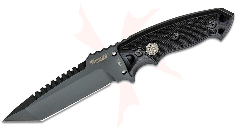 SIG Sauer by Hogue Elishewitz EX-F01 SIG Fixed 5.5 inch A2 Black Tanto Sawback Blade, Black G10 Handles, Auto Retention Sheath