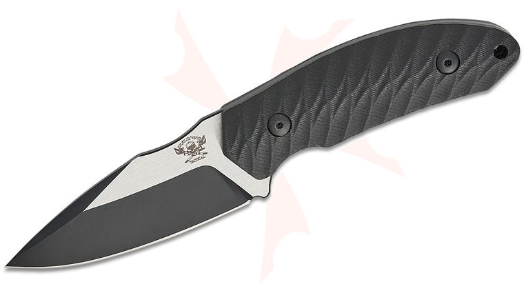 Skallywag Tactical Crows Nest Fixed Blade Knife 3.5 inch Black PVD Two-Tone Drop Point Blade, Milled Black G10 Handles, Kydex Sheath