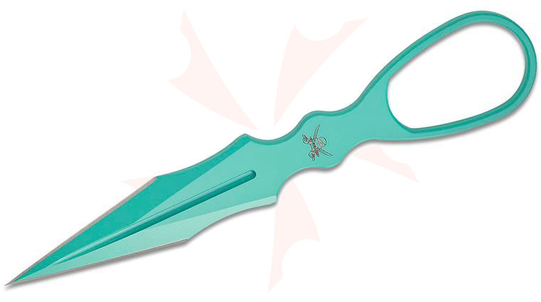 Skallywag Tactical D2 Dagger Fixed Blade Knife 2.5 inch D2 Teal PVD Double Edge Spike Blade and Handle with Finger Ring, Polymer IWB/Boot Sheath