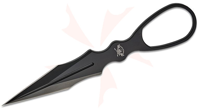 Skallywag Tactical D2 Dagger Fixed Blade Knife 2.5 inch D2 Black PVD Double Edge Spike Blade and Handle with Finger Ring, Polymer IWB/Boot Sheath