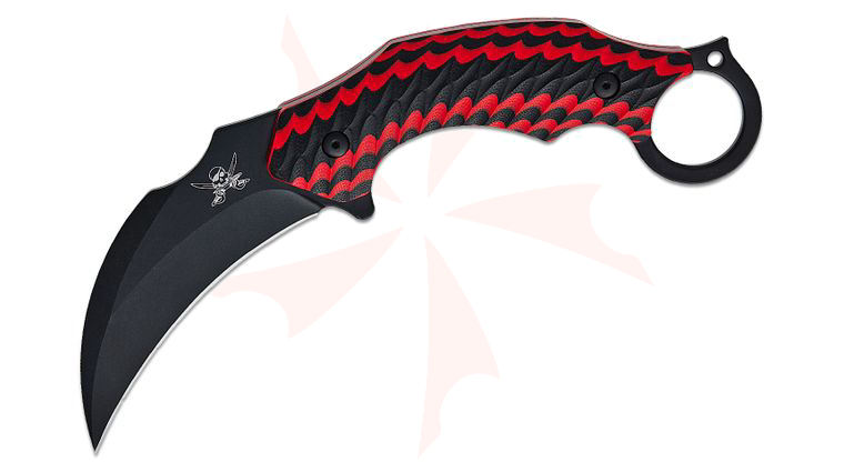 Skallywag Tactical Deep 6 Karambit Fixed Blade Knife 4 inch Black PVD Hawkbill Blade, Milled Black and Red G10 Handles, Kydex Sheath