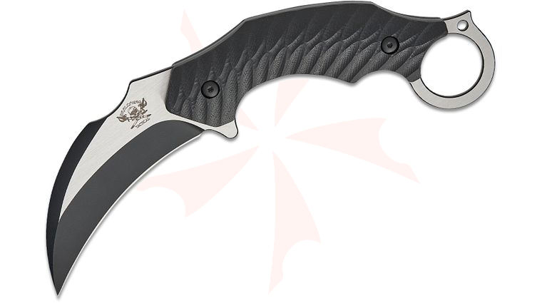 Skallywag Tactical Deep 6 Karambit Fixed Blade Knife 4 inch Black PVD Two-Tone Hawkbill Blade, Milled Black G10 Handles, Kydex Sheath