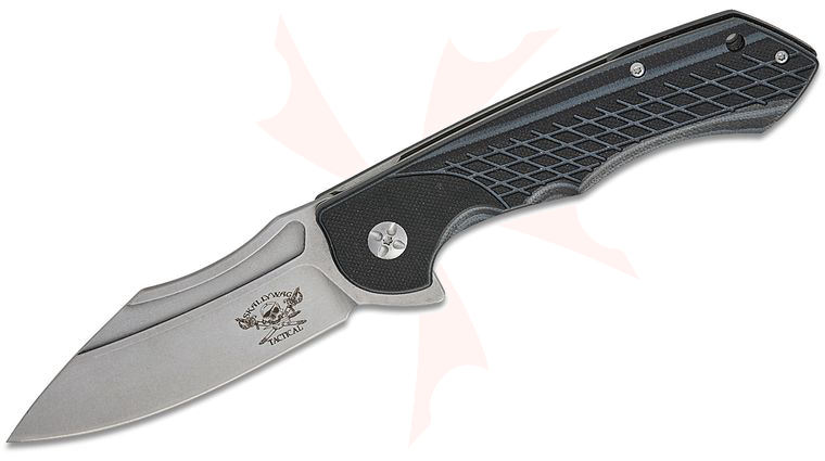 Skallywag Tactical Jolly Roger Liner Lock Flipper Knife 4 inch Stonewashed Drop Point Blade, Milled Black G10 Handles
