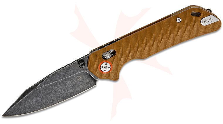 Skallywag Tactical Mako II Crossbar Lock Folding Knife 3.5 inch N690 Black Stonewash Clip Point Blade, Machined Desert Tan G10 Handles, Reversible Clip