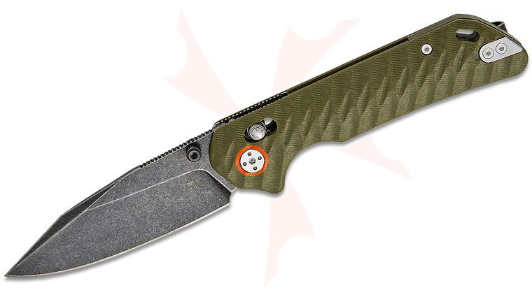 Skallywag Tactical Mako II Crossbar Lock Folding Knife 3.5 inch N690 Black Stonewash Clip Point Blade, Machined OD Green G10 Handles, Reversible Clip