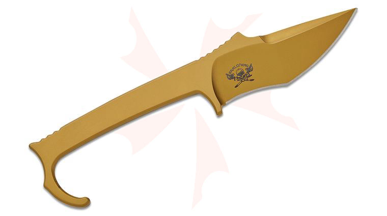 Skallywag Tactical MDV Plus One Pocket Fixed Blade Knife 3.25 inch D2 Bounty Gold PVD Recurve Blade and Handle with Finger Hook, Kydex Rhino Sheath