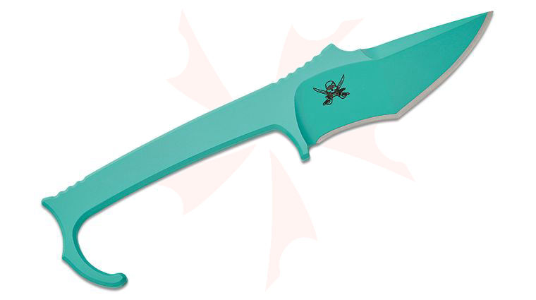 Skallywag Tactical MDV Plus One Pocket Fixed Blade Knife 3.25 inch D2 Teal Recurve Blade and Handle with Finger Hook, Kydex Rhino Sheath