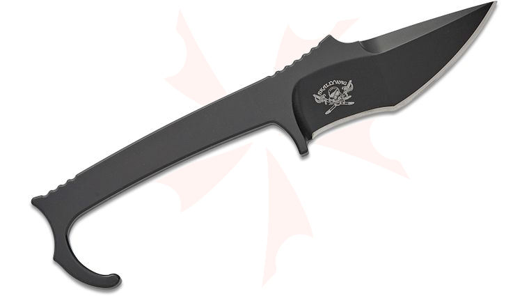 Skallywag Tactical MDV Plus One Pocket Fixed Blade Knife 3.25 inch D2 Black PVD Recurve Blade and Handle with Finger Hook, Kydex Rhino Sheath