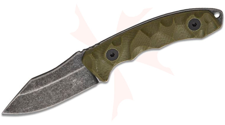 Skallywag Tactical The Mini MK2 Fixed Blade Neck Knife 2 inch Black Stonewashed Clip Point Blade, Scalloped OD Green G10 Handles, Kydex Sheath with Beaded Chain
