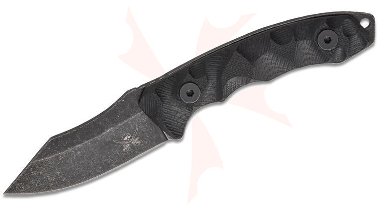 Skallywag Tactical The Mini MK2 Fixed Blade Neck Knife 2 inch Black Stonewashed Clip Point Blade, Scalloped Black G10 Handles, Kydex Sheath with Beaded Chain