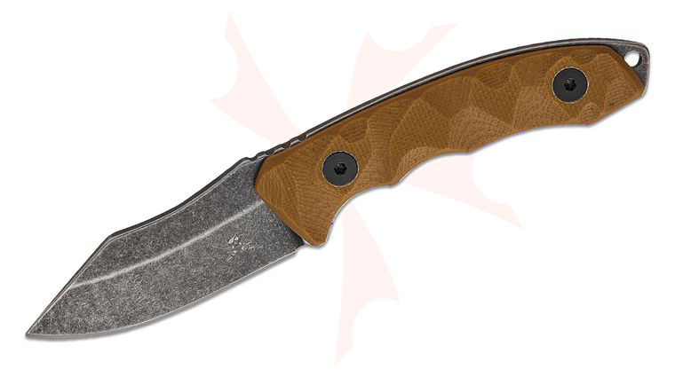 Skallywag Tactical The Mini MK2 Fixed Blade Neck Knife 2 inch Black Stonewashed Clip Point Blade, Scalloped Desert Tan G10 Handles, Kydex Sheath with Beaded Chain