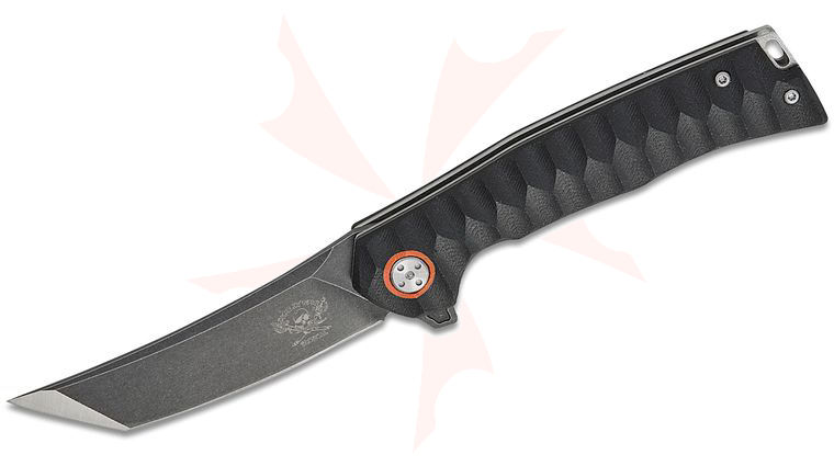 Skallywag Tactical Sao Feng Liner Lock Flipper Knife 3.75 inch Tumbled Black PVD Modified Tanto Blade, Milled Black G10 Handles