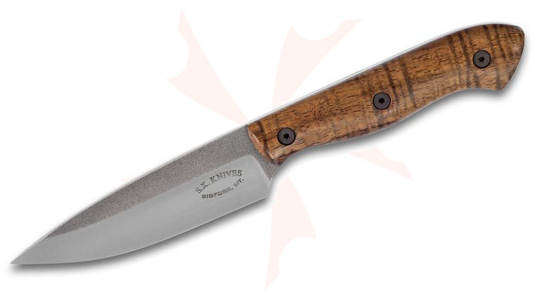 SK Knives Steven Kelly Custom Small Utility Hunter Fixed Blade Knife 3.75 inch CPM-S30V Two-Tone Blade, Koa Wood Handles, Leather Sheath