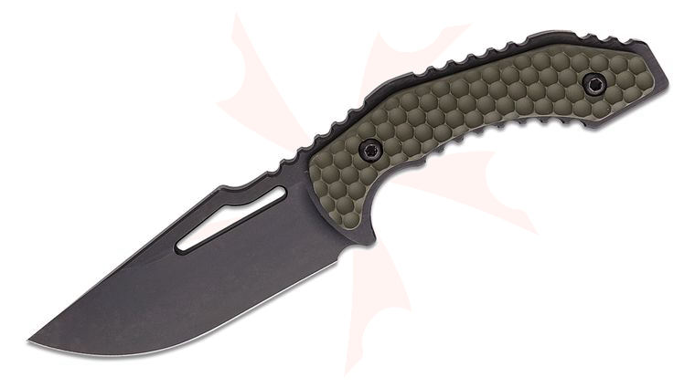Skyraider Knives SRK-1 Mustang Fixed Blade Knife 3.504 inch A2 Black Nitride Drop Point Blade, OD Green Golf Ball Aluminum Handles, Kydex Sheath
