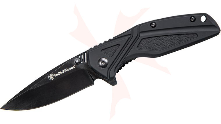 Smith & Wesson SW1101 Flipper Knife 3 inch Black Plain Blade, Black Rubberized Aluminum Handles