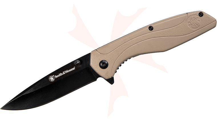 Smith & Wesson SW1103 Assisted Flipper Knife 3.5 inch Black Plain Blade, Textured Flat Dark Earth GFN Handles