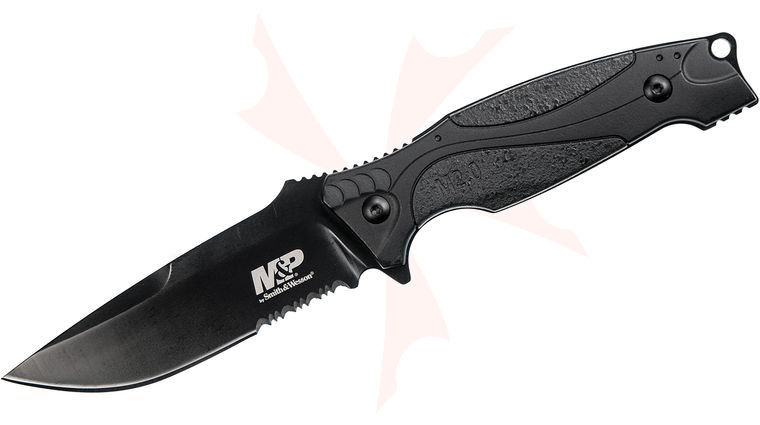 Smith & Wesson M2.0 M&P Thin Fixed Blade Knife 4.125 inch Black Combo Blade, Black Rubber Overmold Handles, Polymer Sheath