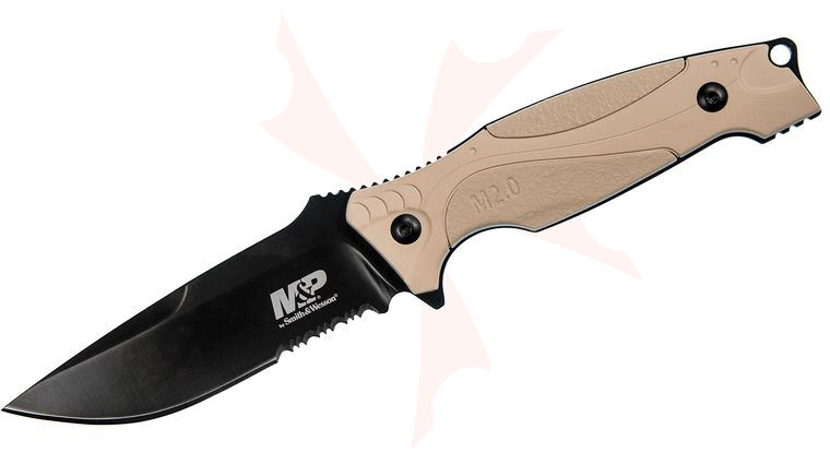 Smith & Wesson M2.0 M&P Thin Fixed Blade Knife 4.125 inch Black Combo Blade, FDE Rubber Overmold Handles, Polymer Sheath