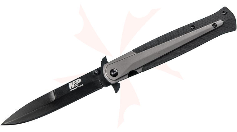 Smith & Wesson MP301 M&P Folding Dagger Flipper Knife 4 inch Black Plain Blade, Black Nylon Handles with Gray Stainless Steel Inserts