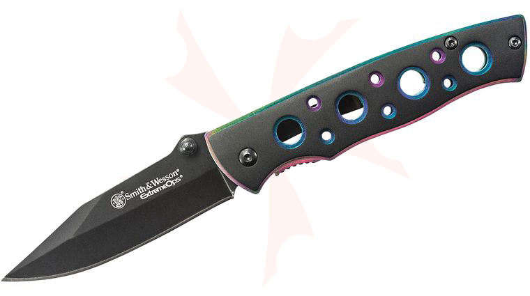 Smith & Wesson Extreme Ops Folding Knife 2.75 inch Black Plain Blade, Multi-Colored Liners, Black Aluminum Handles