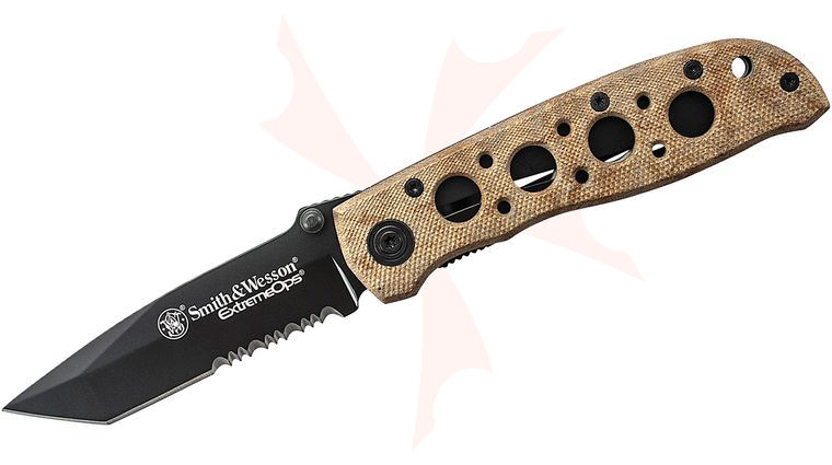 Smith & Wesson Extreme Ops Folding Knife 3.2 inch Black Combo Tanto Blade, Desert Tan Aluminum Handles