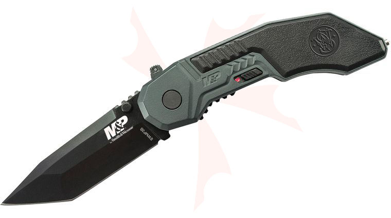 Smith & Wesson SWMP3B M&P MAGIC Assisted Flipper 2.9 inch Black Plain Tanto Blade, Gray Aluminum Handles with Rubber Inlays