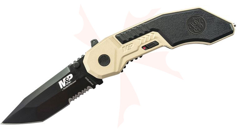 Smith & Wesson SWMP3BSD M&P MAGIC Assisted Flipper 2.9 inch Black Combo Tanto Blade, Desert Tan Aluminum Handles with Rubber Inlays