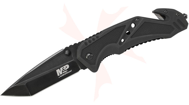 Smith & Wesson SWMP11B M&P Folding Knife 3.87 inch Black Tanto Blade, Aluminum Handles, Strap Cutter, Glass Breaker
