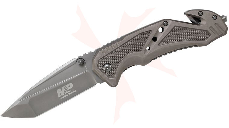 Smith & Wesson SWMP11G M&P Folding Knife 3.87 inch Gray Tanto Blade, Aluminum Handles, Strap Cutter, Glass Breaker