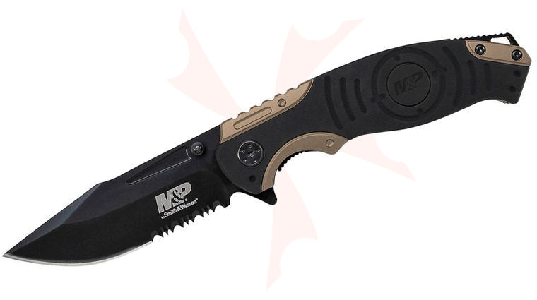 Smith & Wesson SWMP13BS M&P MAGIC Assisted Flipper 3.5 inch Black Combo Blade, Black and Gold Aluminum Handles