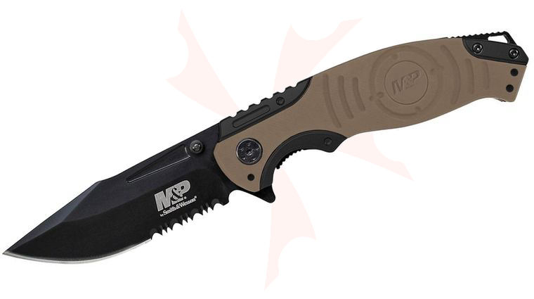 Smith & Wesson SWMP13GLS M&P MAGIC Assisted Flipper 3.5 inch Black Combo Blade, Gold and Black Aluminum Handles