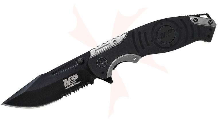 Smith & Wesson SWMP13GS M&P MAGIC Assisted Flipper 3.5 inch Black Combo Blade, Black and Gray Aluminum Handles