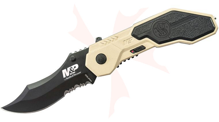 Smith & Wesson SWMP1BSD M&P MAGIC Assisted Flipper 2.9 inch Black Combo Blade, Desert Tan Aluminum Handles with Rubber Inlays