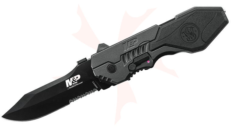 Smith & Wesson SWMP4LS M&P MAGIC Assisted Flipper 3.6 inch Black Combo Blade, Black Aluminum Handles with Rubber Inlay