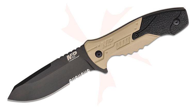 Smith & Wesson SWMPF2CS M&P Fixed Blade Knife 4.1 inch Black Clip Point Combo Blade, FDE Aluminum Handles with Rubber Inserts, Thermoplastic Sheath